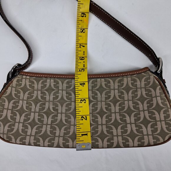 Vtg Fossil Brown Green Signature Jacquard Fabric Leather Trim Shoulder Demi Bag - Picture 13 of 14